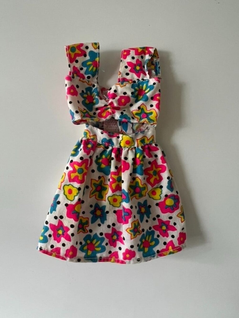 Vintage 1995 Barbie Fashion Favorites Neon Floral Cut Out Mini Dress Polka Dot